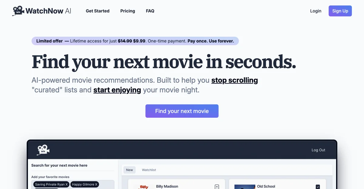 Discover Your Next Movie with WatchNow AI - Personalized Recommendations