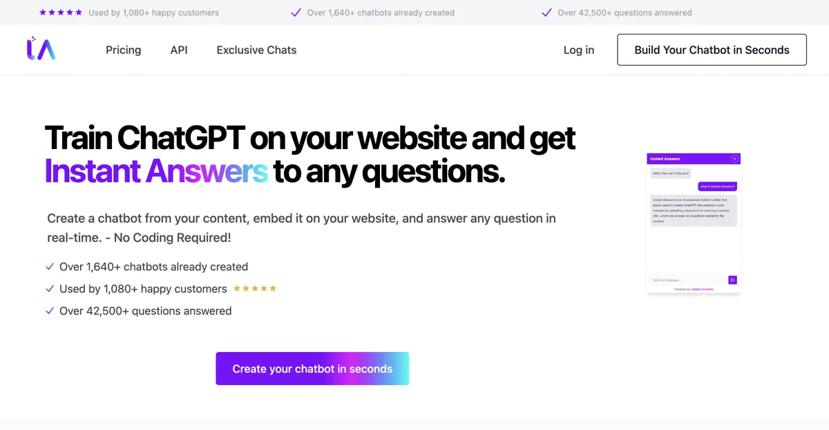 Instant Answers | Huấn luyện ChatGPT trên website của bạn và nhận câu trả lời ngay lập tức cho mọi câu hỏi.