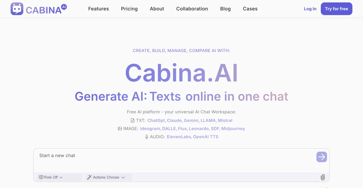 Cabina.AI - Nền tảng AI miễn phí: tạo nội dung, văn bản, hình ảnh trực tuyến