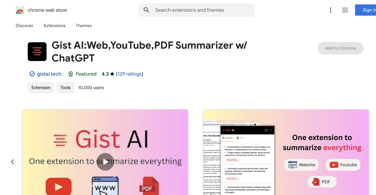 Gist AI: Trình Tóm Tắt Web, YouTube, PDF Với ChatGPT - Chrome Web Store