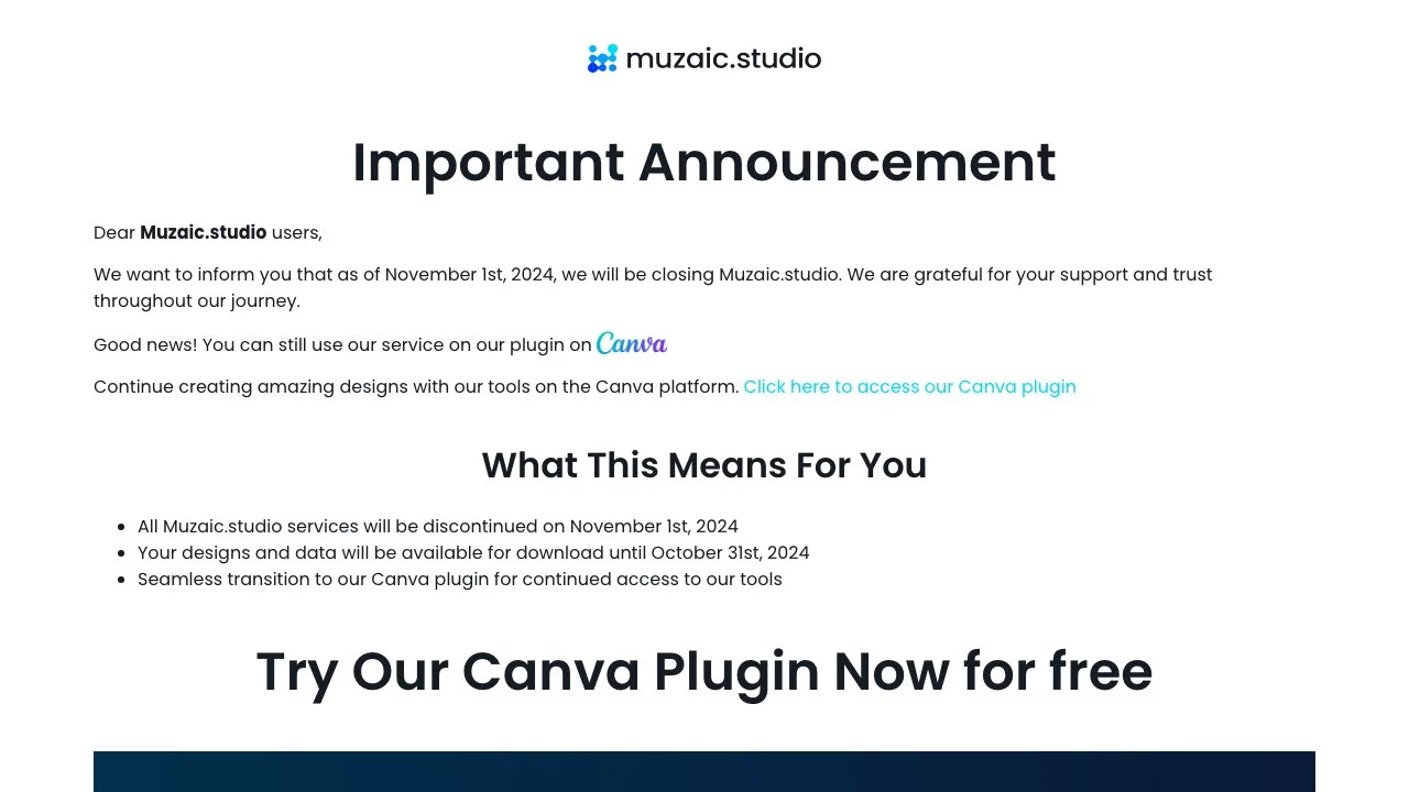 Muzaic Studio Closure Announcement and Canva Transition