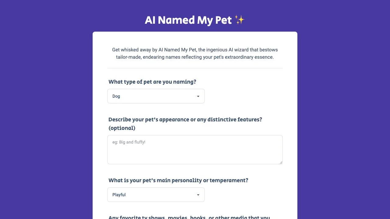 AI Named My Pet - 为您的宠物生成个性化名字的AI工具