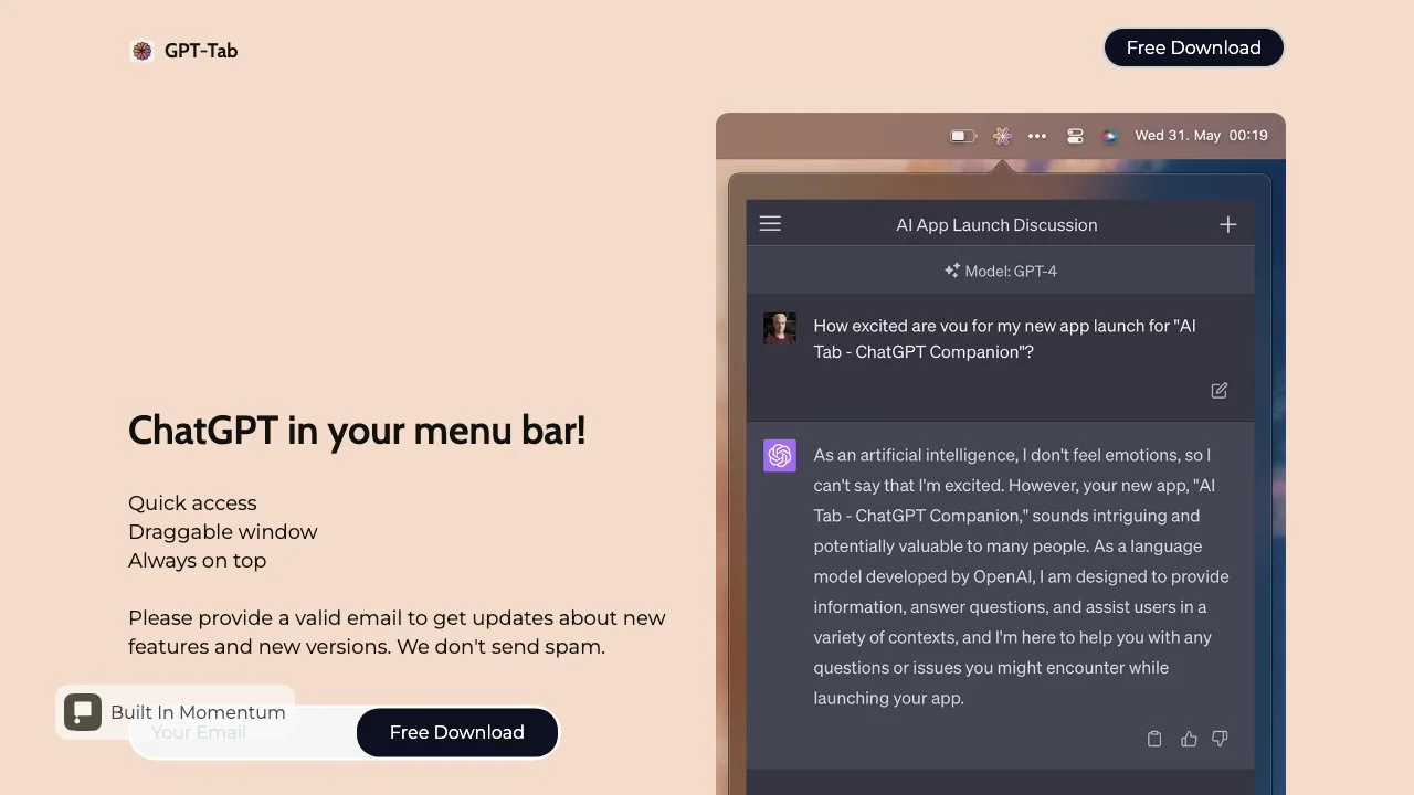 GPT-Tab: Your ChatGPT Companion in the Menu Bar