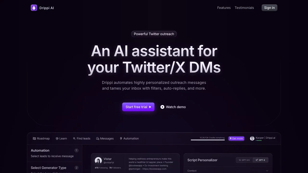 Drippi.ai | Trợ Lý Tiếp Cận Lạnh Bằng AI Trên Twitter