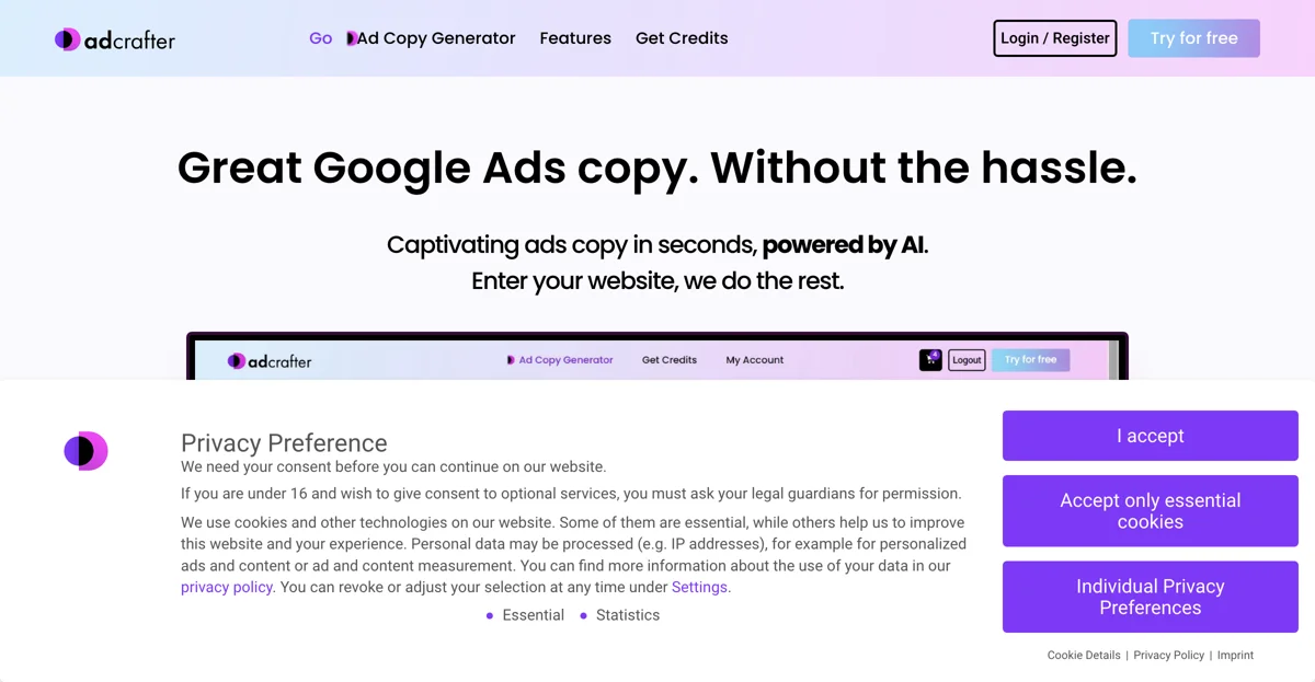 Create Captivating Google Ads Copy Effortlessly with adcrafter.ai