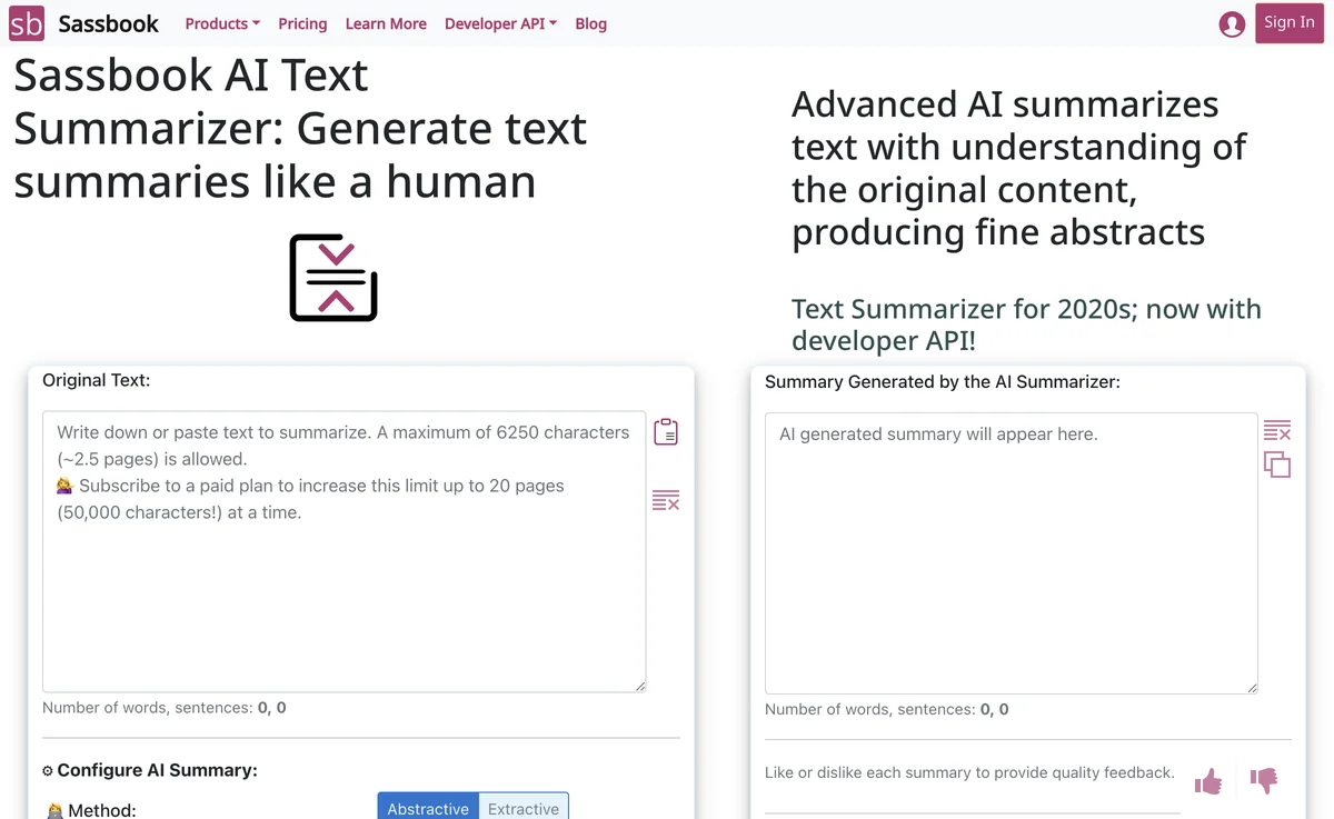 Sassbook AI Text Summarizer: Effortless Text Summaries