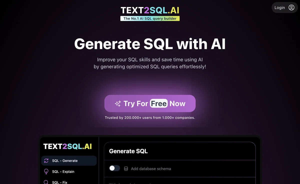 TEXT2SQL.AI - Tạo truy vấn SQL với AI - Thử miễn phí