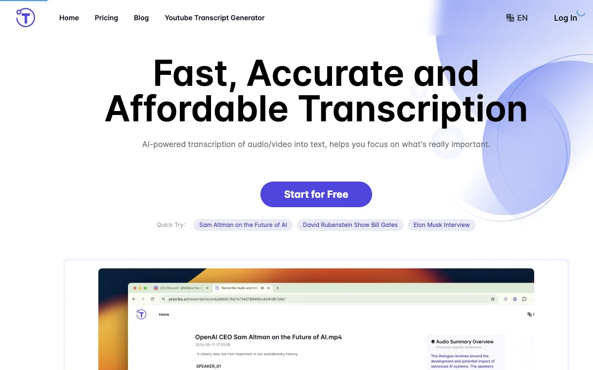 Yescribe.ai：免费在线将音视频转录为文本，高效精准又安全