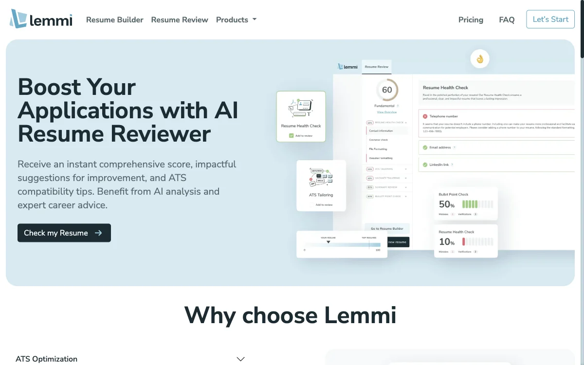 Lemmi's AI Resume Checker：为您的简历提供即时评分和审查