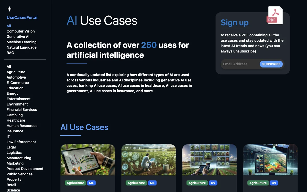 250+ การใช้งาน AI ของ UseCasesFor.ai ในหลายอุตสาหกรรม