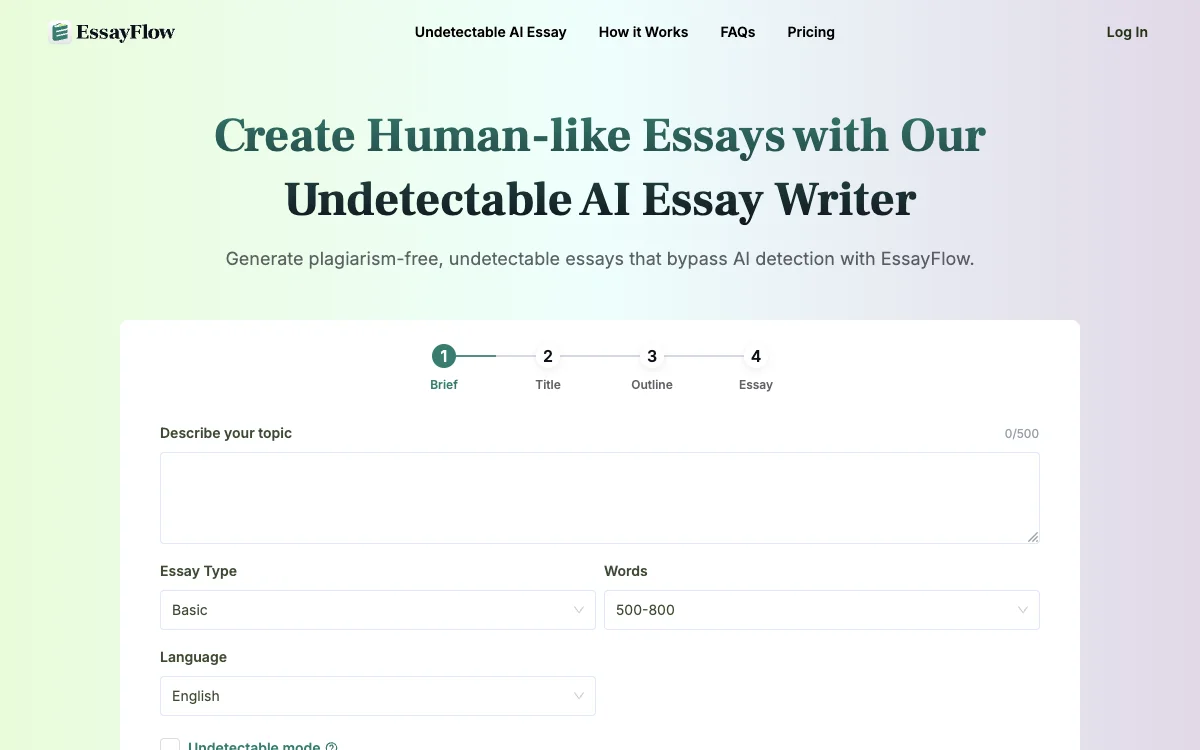 EssayFlow: The Undetectable AI Essay Writer for High-Quality, Plagiarism-Free Essays