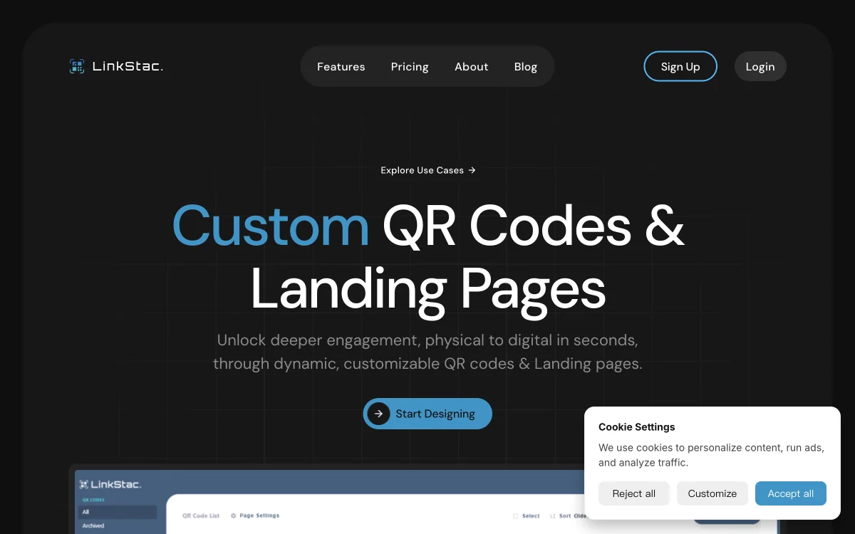 लिंकस्टैक - कस्टम QR कोड्स और लैंडिंग पेजेज
