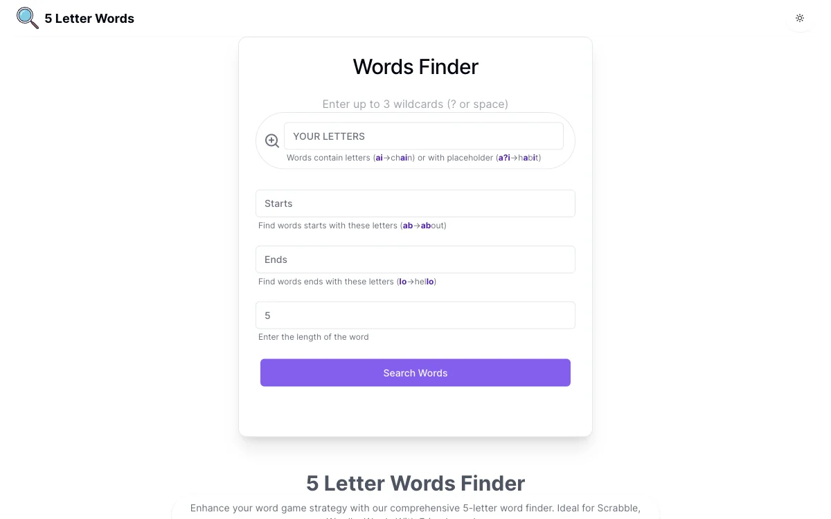 5 Letter Words Finder | 提升文字游戏策略的AI驱动单词搜索工具