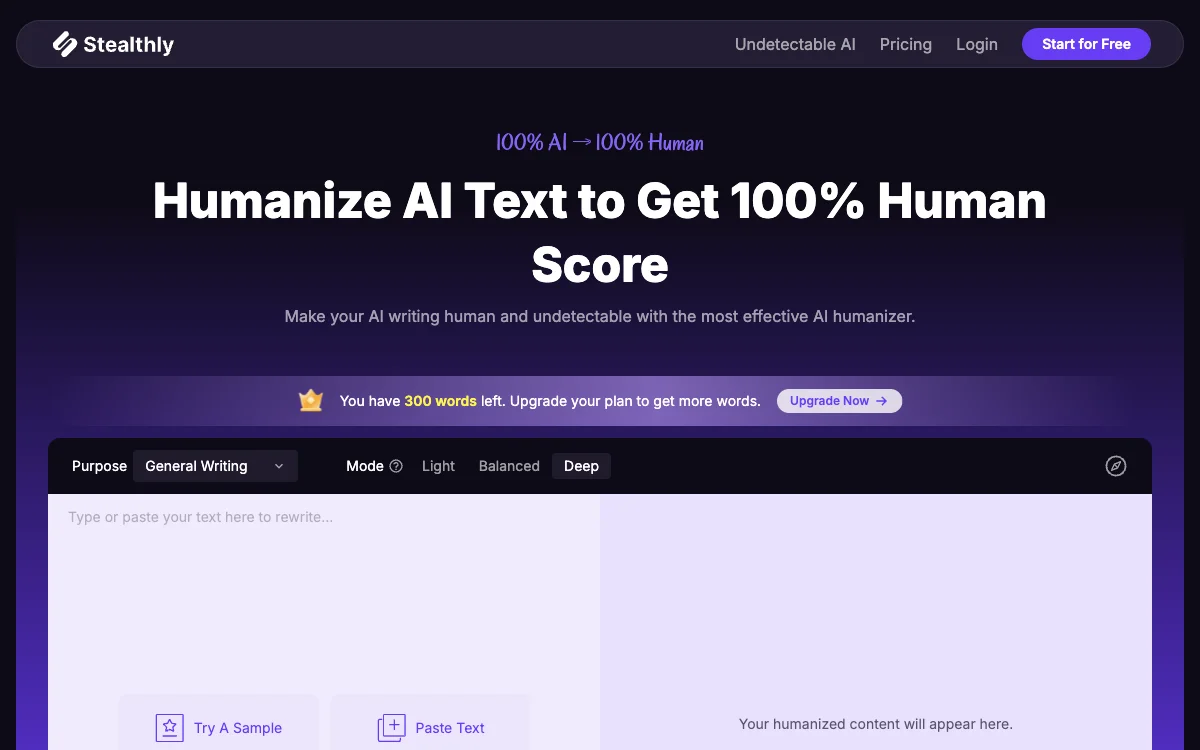 Stealthly AI Humanizer: الحصول على نص AI أكثر انسانية وبدون الكشف | 100% Human Score