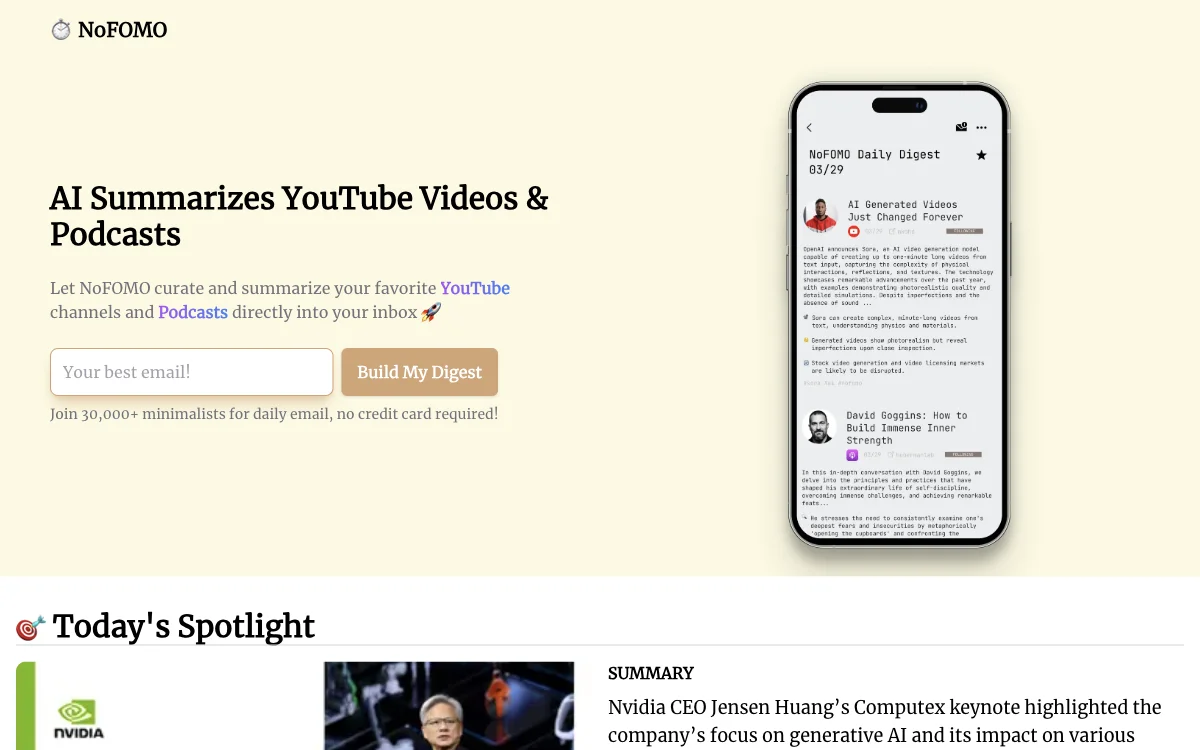 NoFOMO AI - 智能汇总 YouTube 视频和播客的人工智能工具