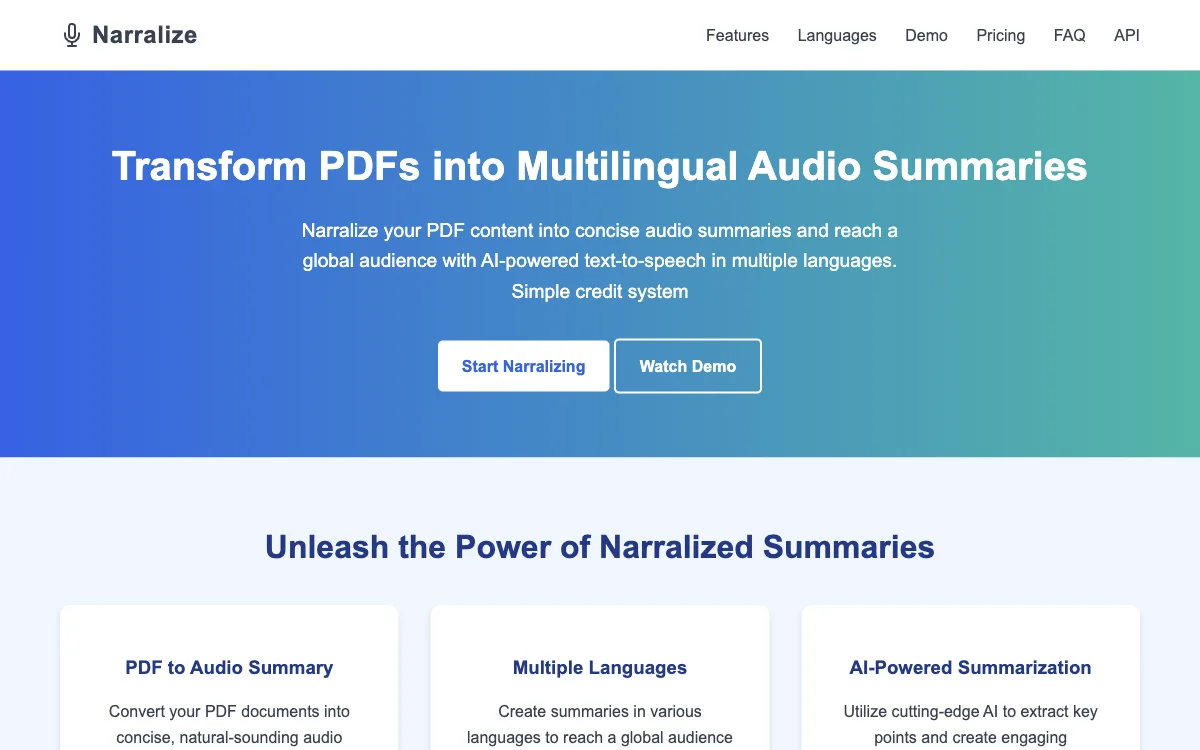 Narralize - تحويل PDFs إلى ملخصات صوتية متعددة اللغات