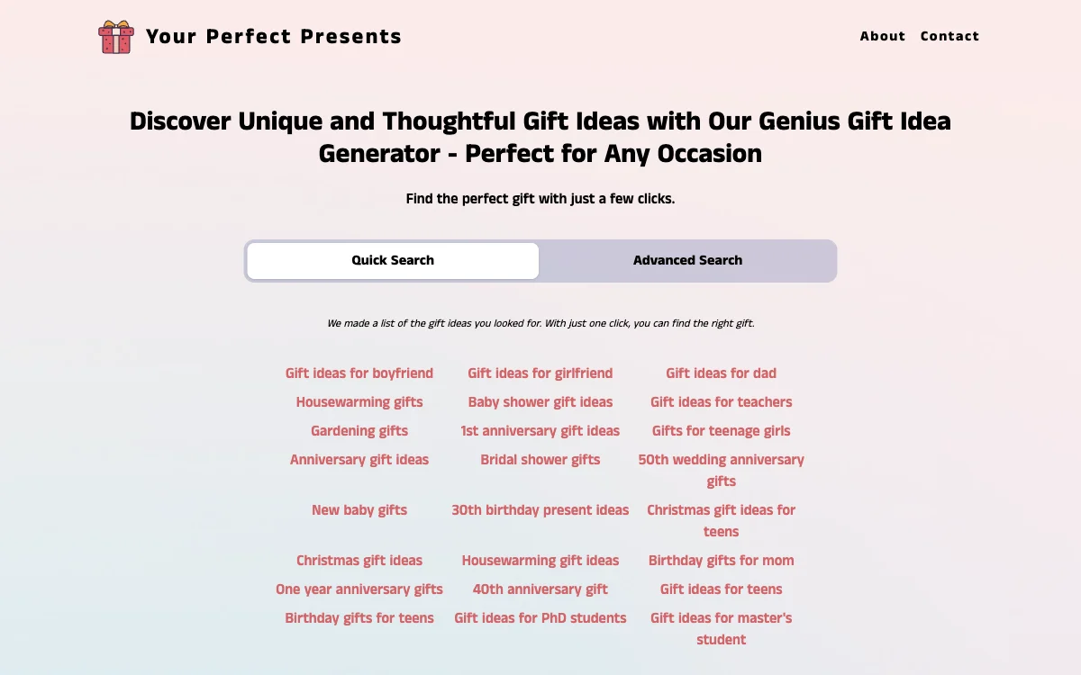 Your Perfect Presents - جينيس مولد أفكار هدايا: الحصول على أفكار هدايا مثالية بسهولة