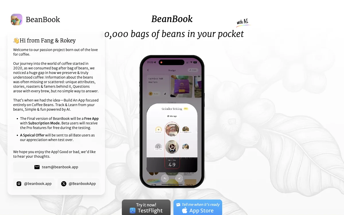 BeanBook App - Track, Explore & Ask AI about your coffee beans