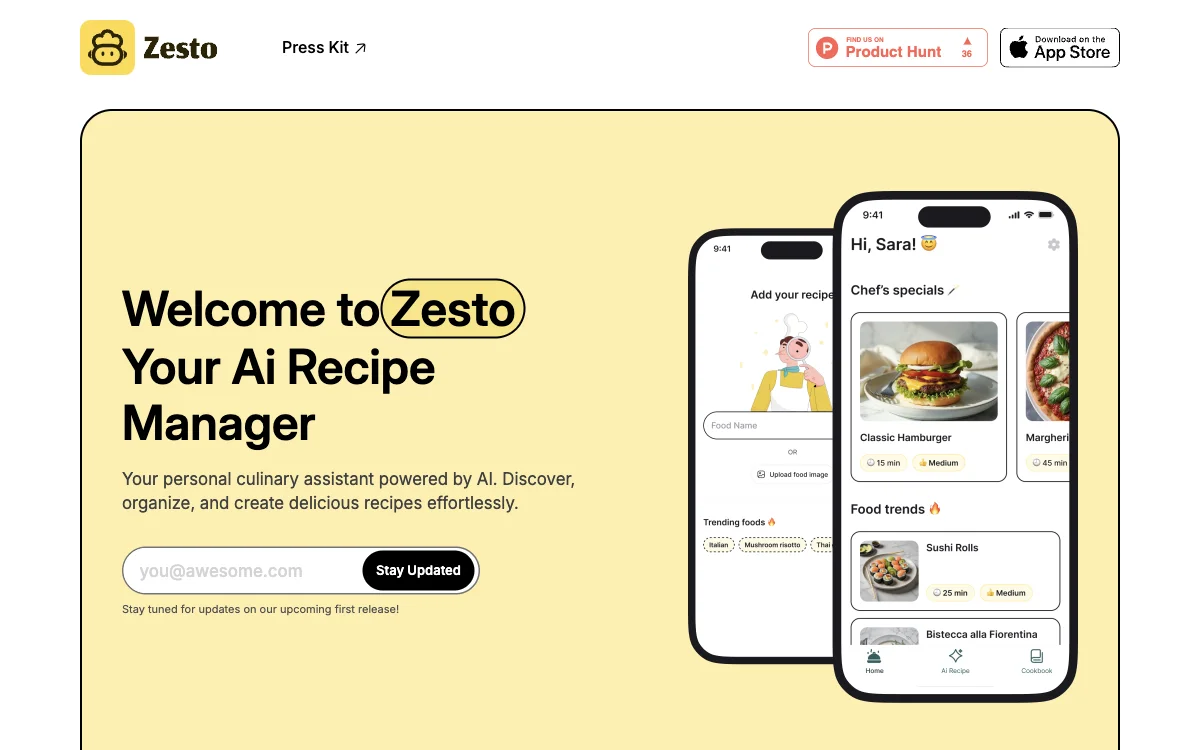 Zesto: Tu Asistente Culinario Personalizado con IA para Descubrir y Crear Recetas