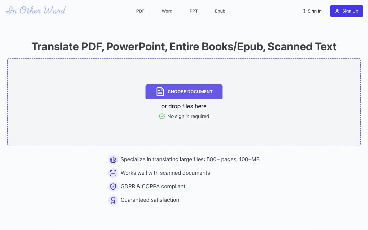 InOtherWord.AI：高效翻译PDF、PPT、Epub、书籍及扫描文件的智能工具