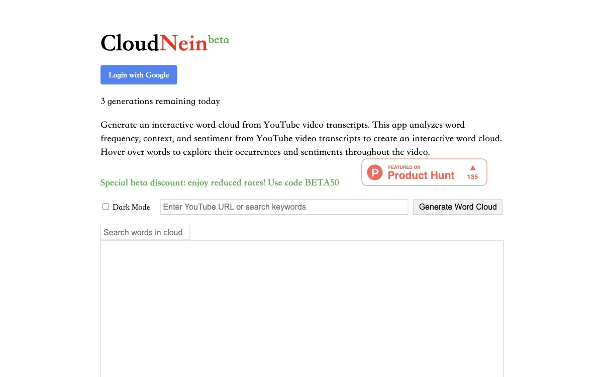 CloudNein - 轻松生成YouTube视频词云，尽享互动体验与优惠！