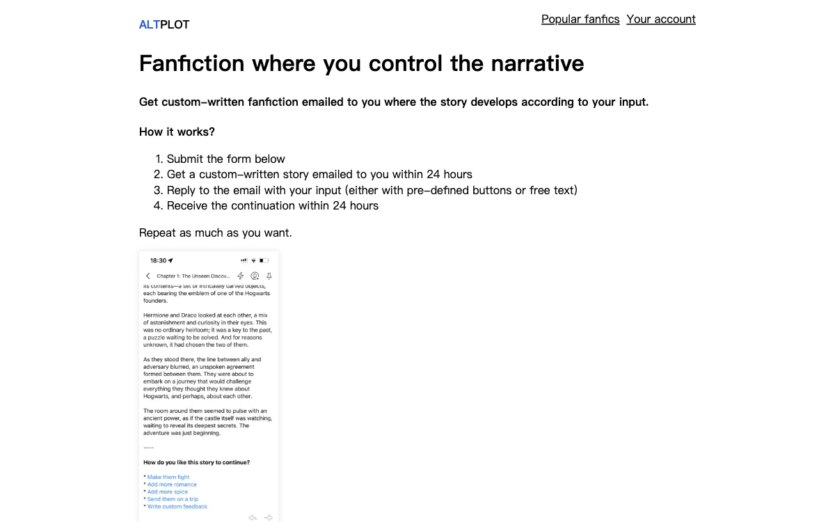 ALTPLOT: Custom Fanfiction Tailored to Your Imagination