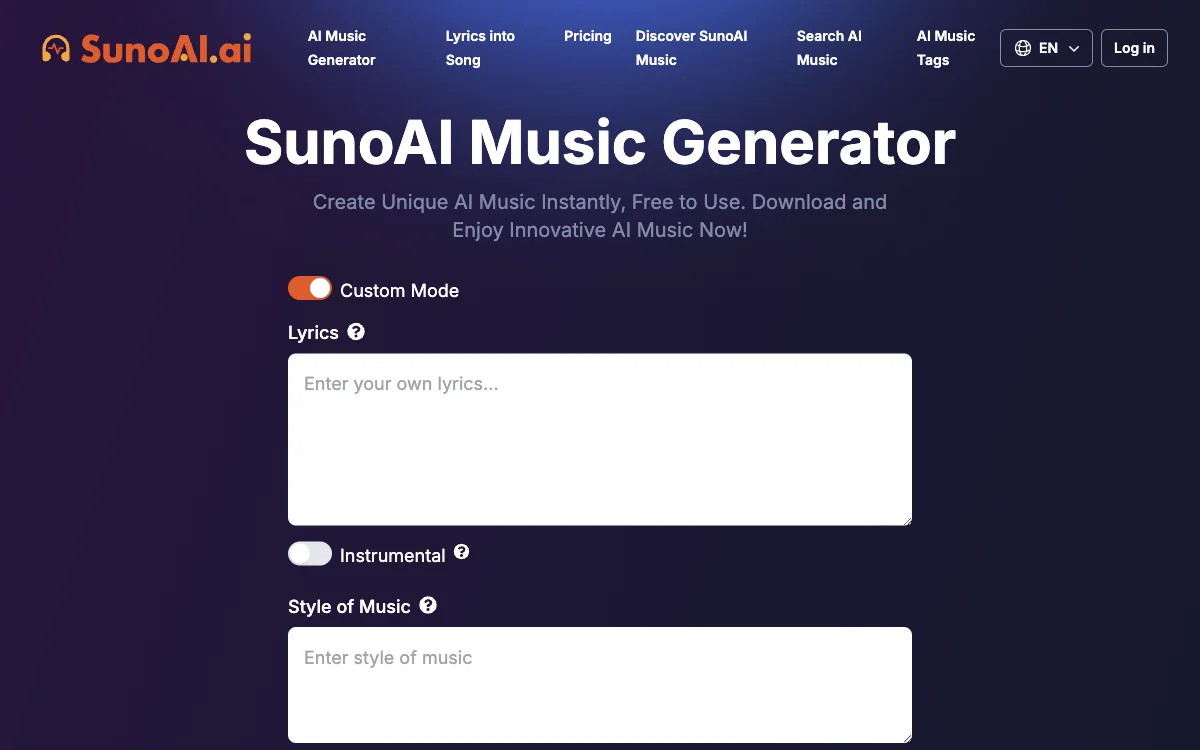 SunoAI.ai：免费的 SunoAI 音乐生成器