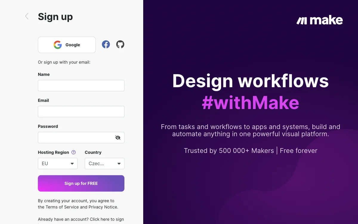 Sign up | Make HQ: Платформа для создания и автоматизации