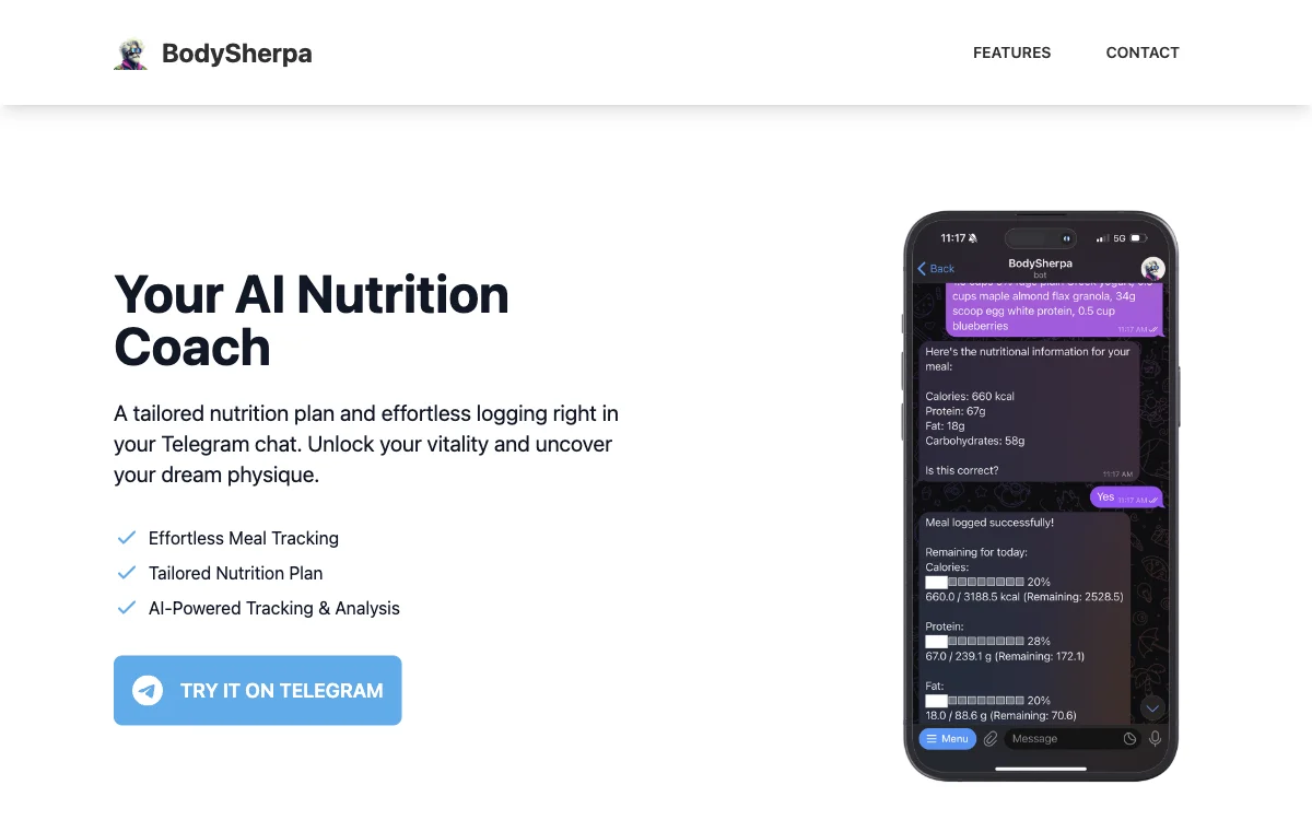 BodySherpa - AI Nutrition Coach trên Telegram giúp bạn đạt mục tiêu dinh dưỡng