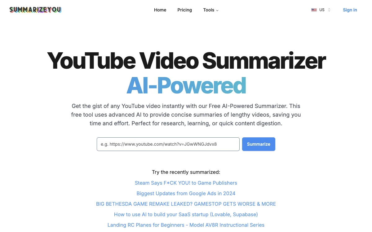 SummarizeYou - Summarizer YouTube Video بالذكاء الاصطناعي المجاني عبر الإنترنت