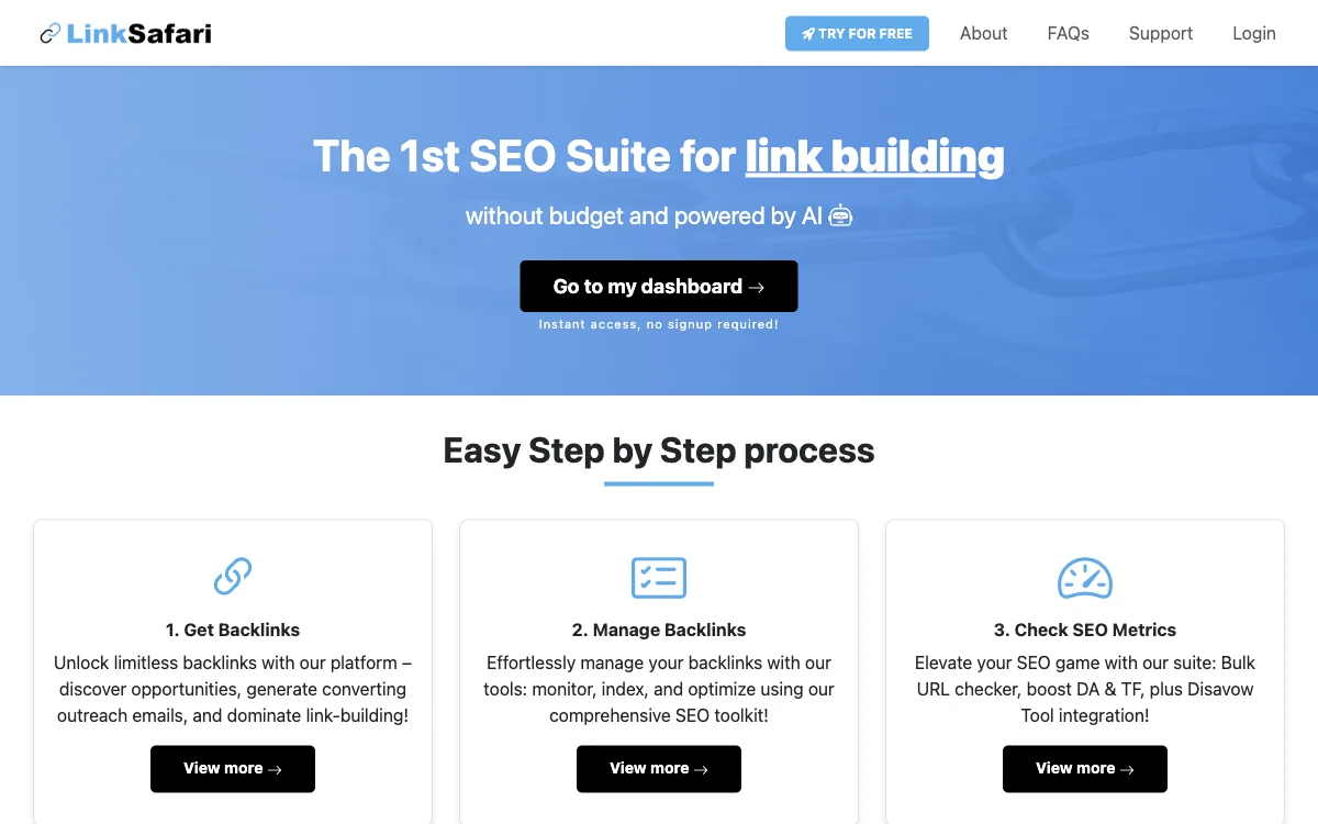 LinkSafari - Bộ công cụ SEO được hỗ trợ bởi AI cho việc xây dựng liên kết - Miễn phí