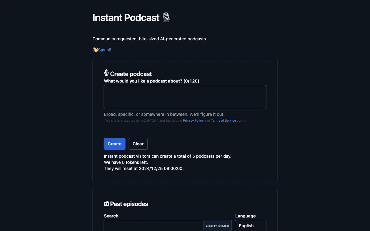 Instant Podcast - Crie Podcasts Gerados por IA em Minutos