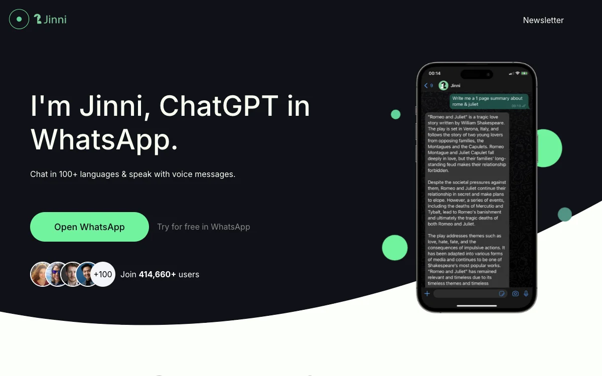 WhatsApp 中的 ChatGPT - Jinni AI 提升您的生产力