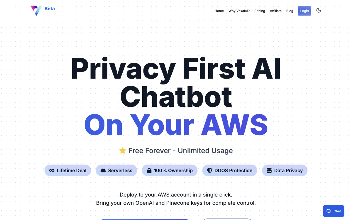 VoxalAI：在您的AWS上部署的免费AI聊天机器人，无服务器、无限使用、零成本