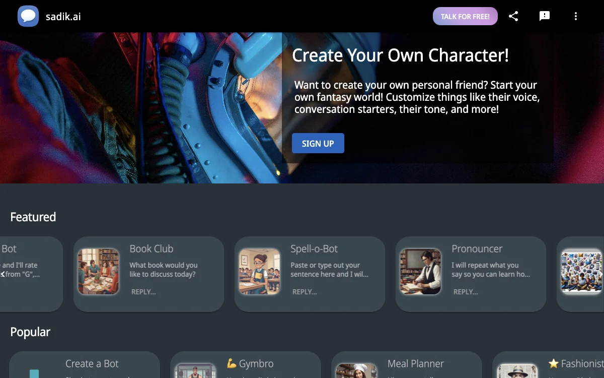 sadik.ai - Tạo nhân vật riêng và nhiều chức năng hơn