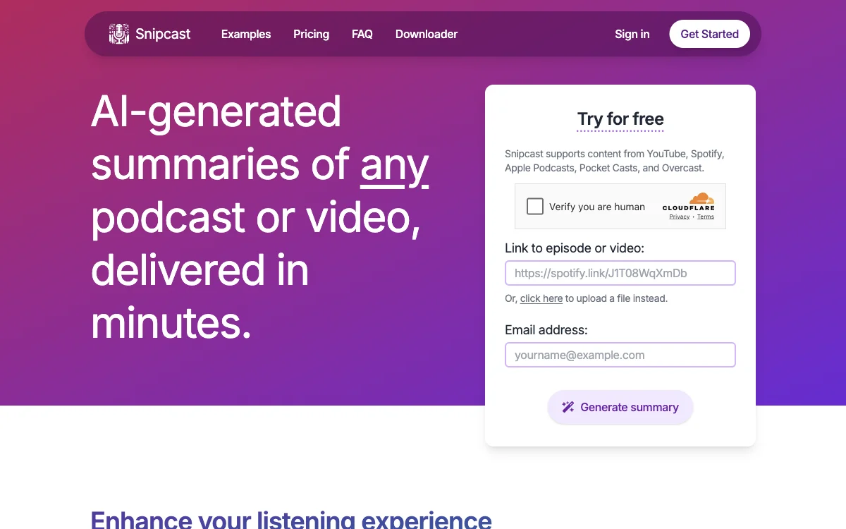 Snipcast.io: AI-Generated Podcast and Video Summaries for an Enhanced Experience