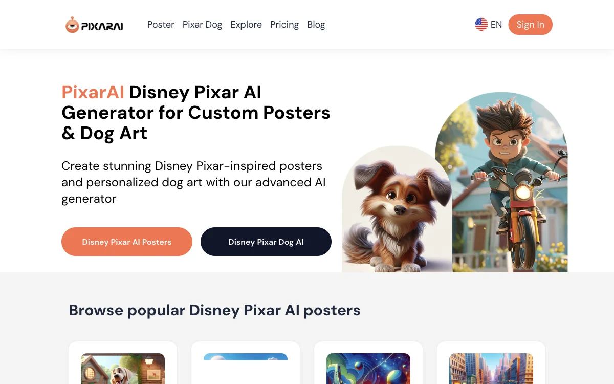 PixarAI: Tạo Poster và Nghệ Thuật Chó Độc Quyền Bằng AI Disney Pixar