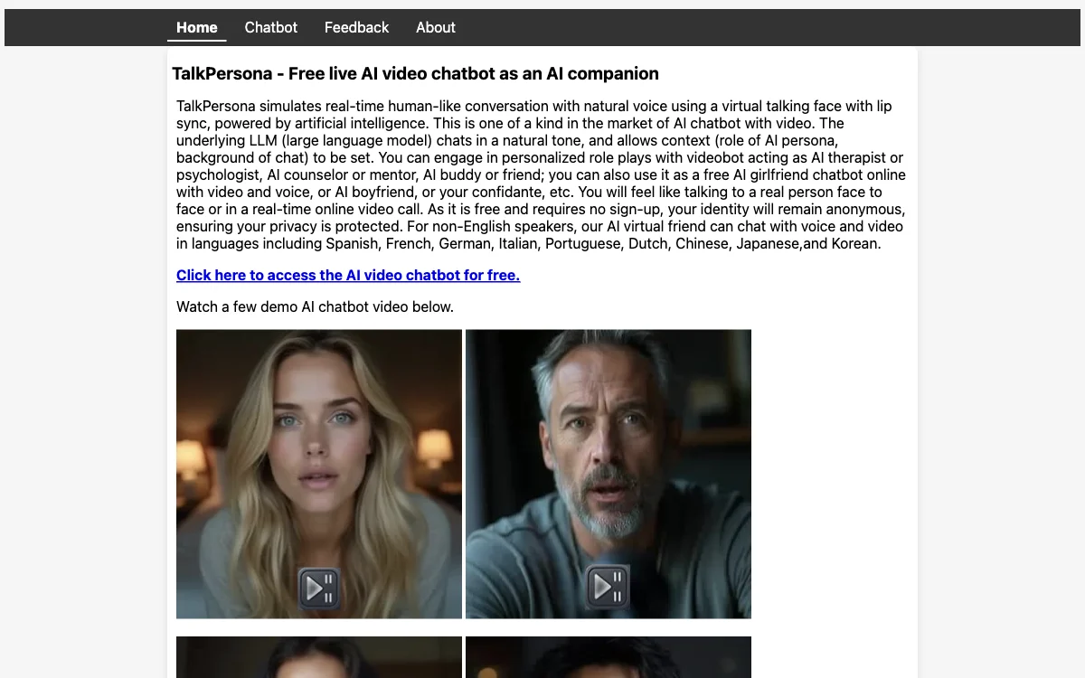 TalkPersona: Free AI Video Chatbot for an Immersive AI Companion Experience