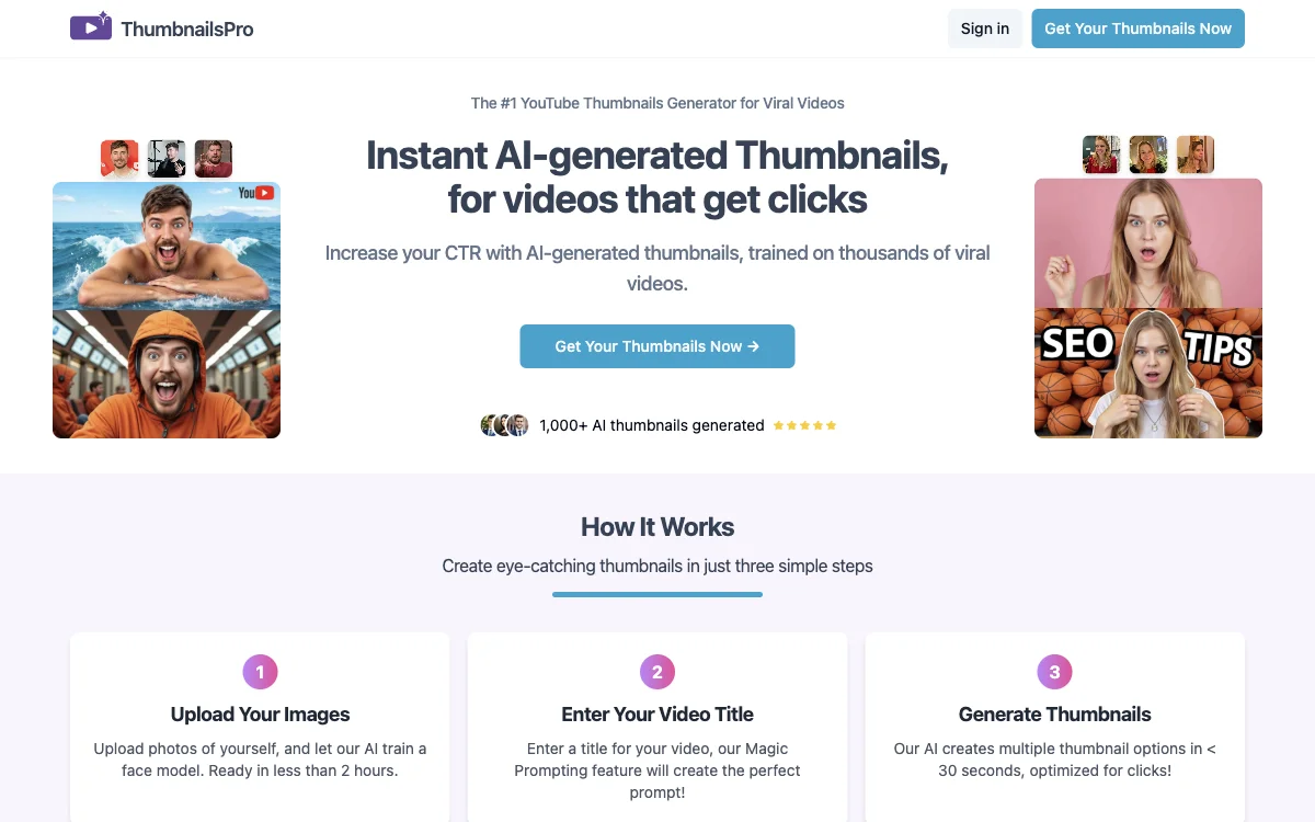 ThumbnailsPro: เครื่องสร้าง tumbnails YouTube ที่โดดเด่นด้วย AI เพิ่มอัตราการคลิกของวิดีโอ