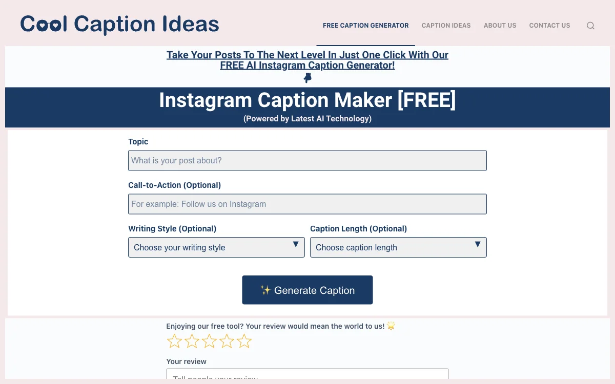 Instagram Caption Maker by Cool Caption Ideas - Tạo Caption Miễn phí và Thu hút trên Instagram