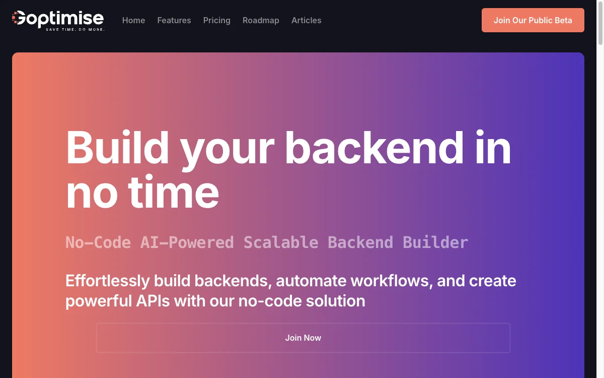 Goptimise: AI-Powered No-Code Backend Builder for Effortless Development