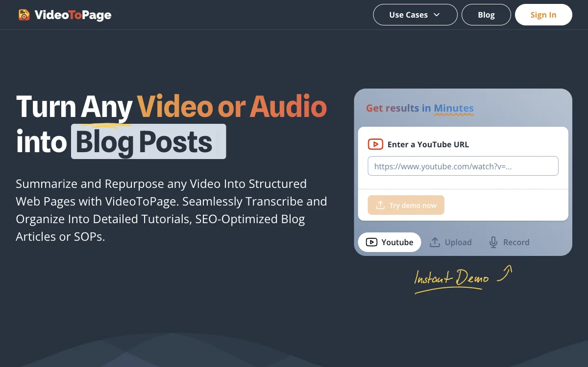 VideoToPage: Instantly Convert Videos and Audio into Valuable Content