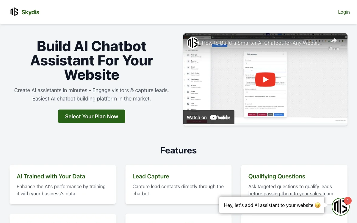 Skydis: Crea Chatbots IA para Tu Sitio Web