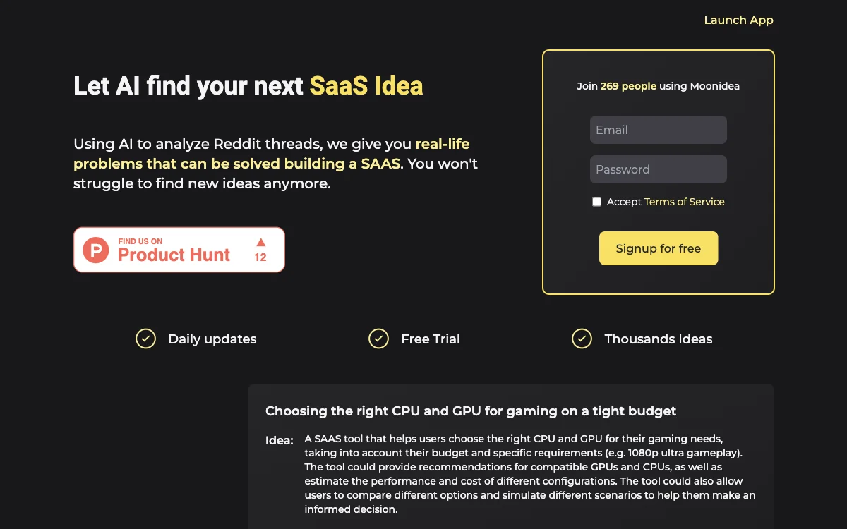 Moonidea - AI-Powered SAAS Pomysły z Wątków na Reddit