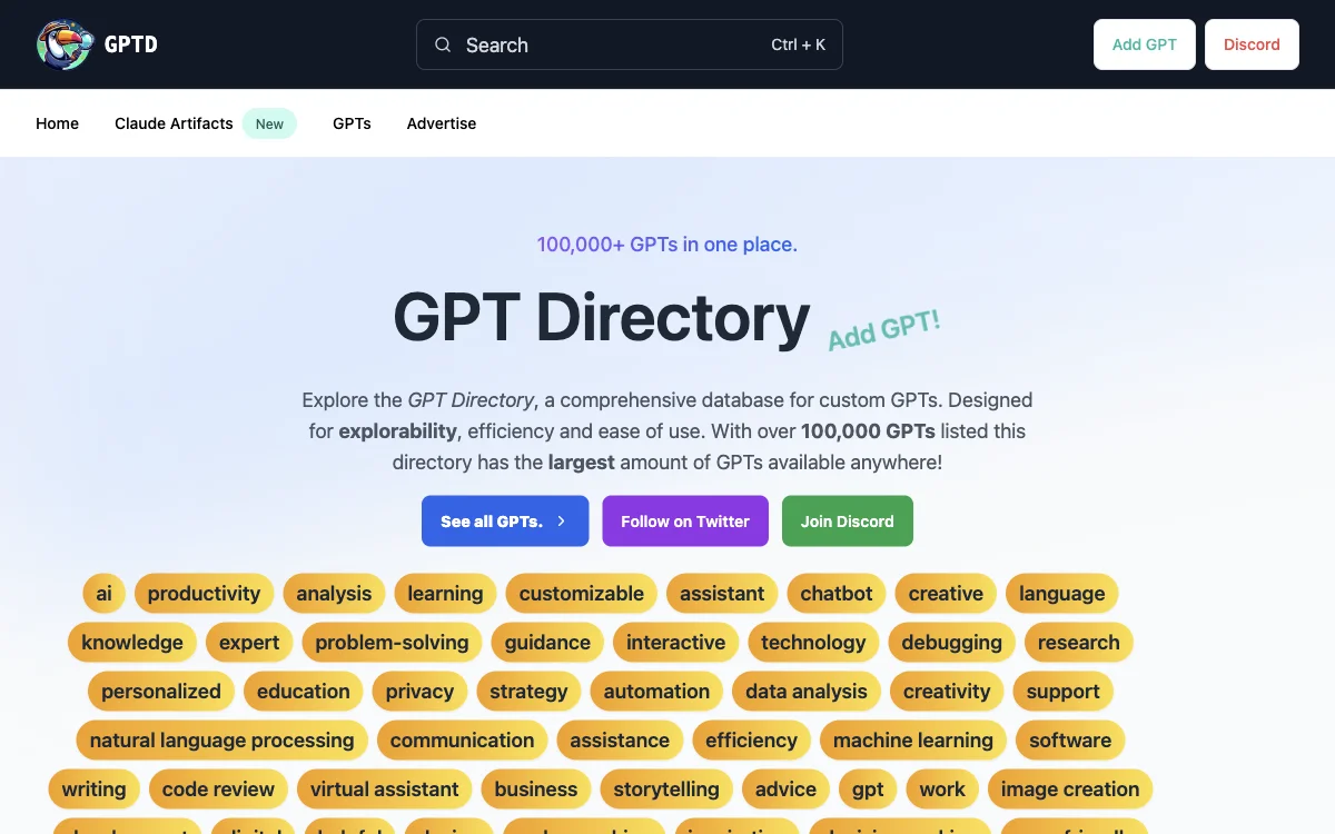 GPT Directory: Discover 100,000+ Custom GPTs for Enhanced AI Interactions