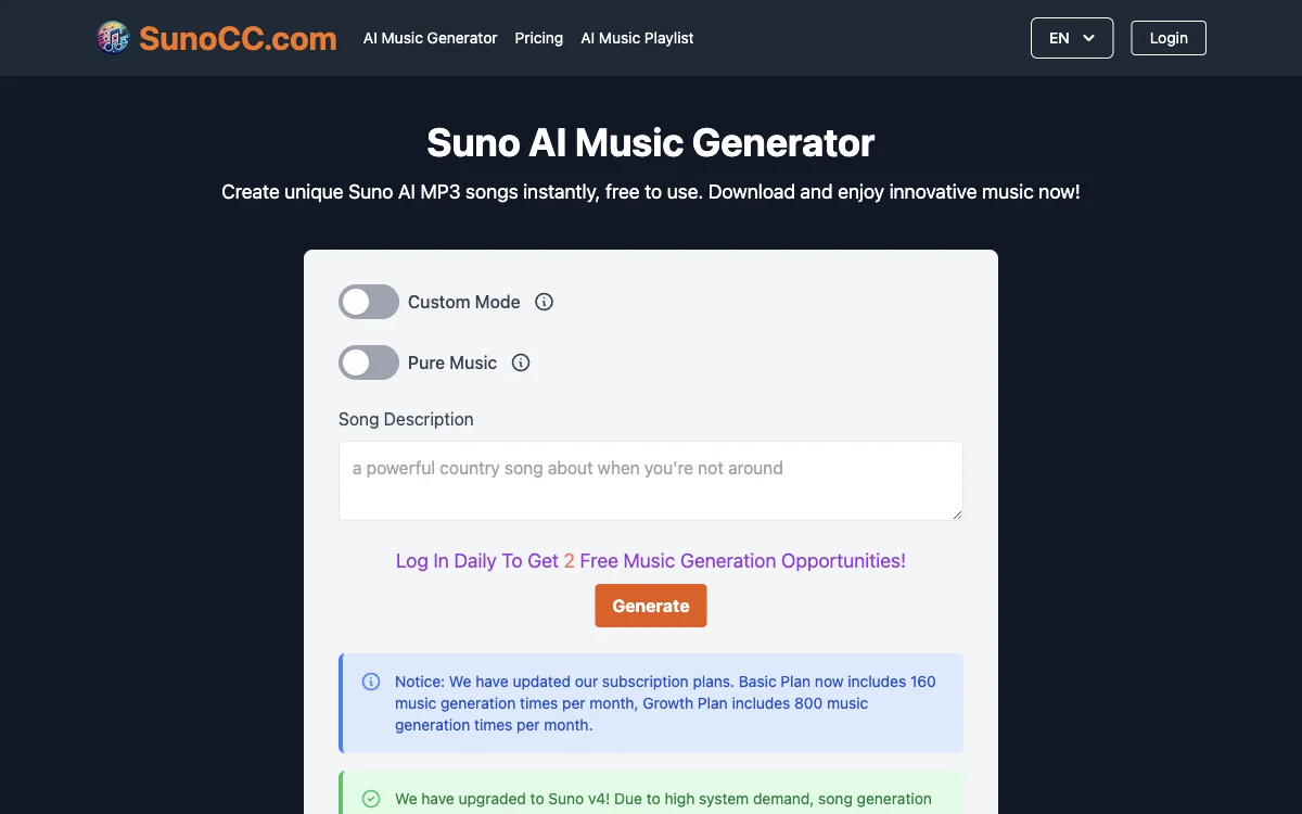 Suno AI Music Generator miễn phí của SunoCC.com - Tạo nhạc độc đáo