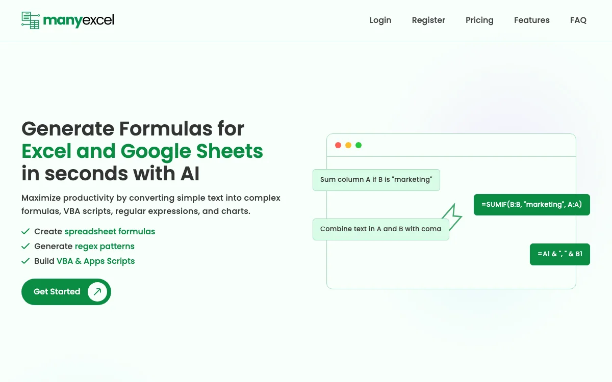 ManyExcel: Boost Productivity with AI - Powered Excel and Google Sheets Formula Generation
