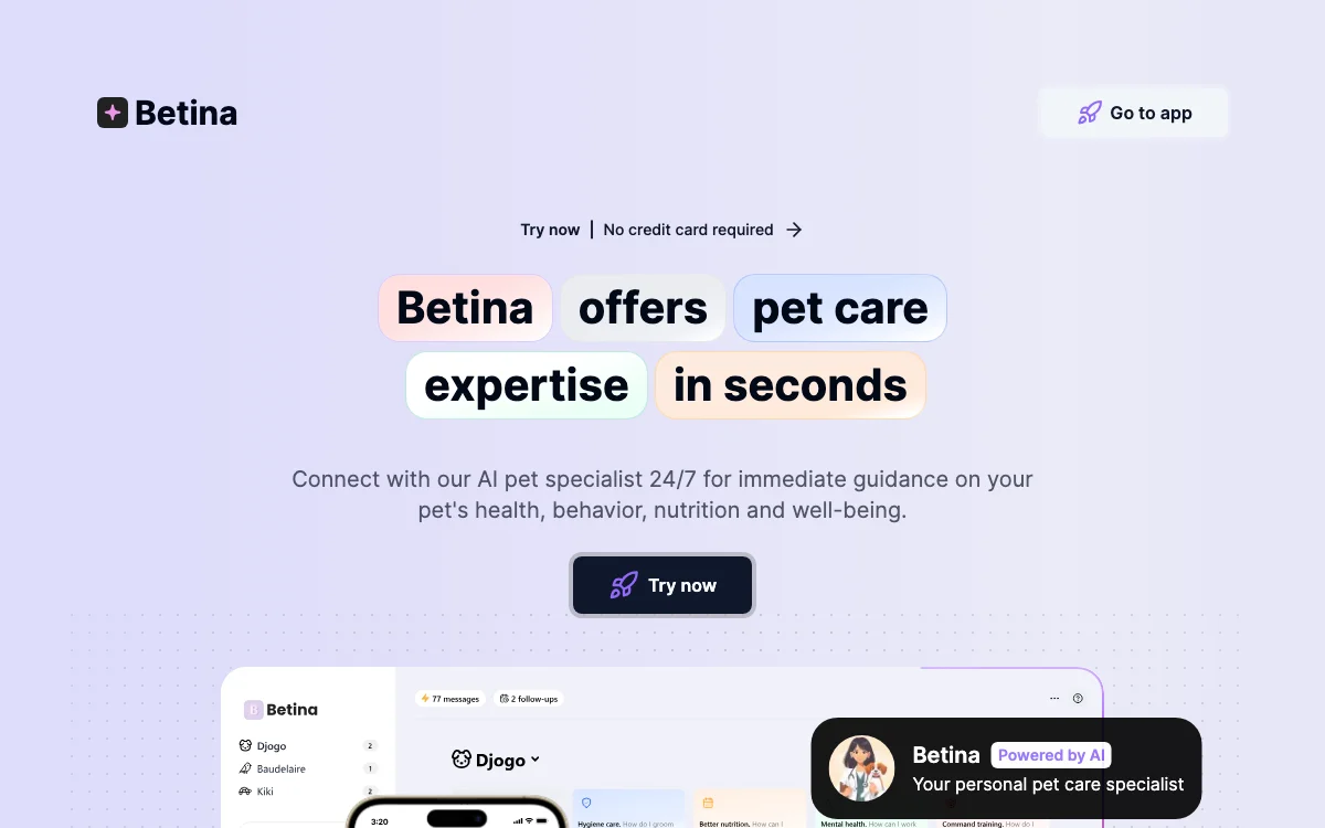 Betina: Seu Especialista em Cuidados com Pets IA - Conselhos de Especialistas 24/7